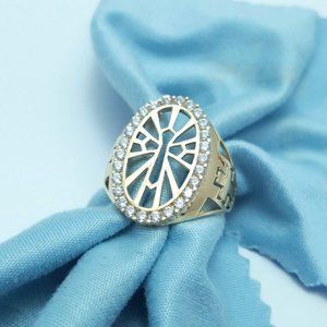 Beautiful 14K Karat Yellow Gold Designer Religious Cross Ring w/ Cubic Zirconias